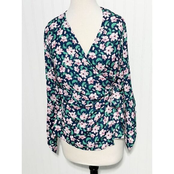 Betabrand Women's Floral Wrap Side Tie Bell‎ Sleeve Blouse Navy Pink Size Large - Picture 7 of 11
